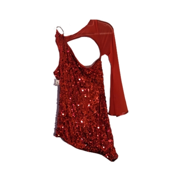 COSTUME striking red sparkly dress, one sleeve, circle connector accent, NWT - Picture 5 of 6